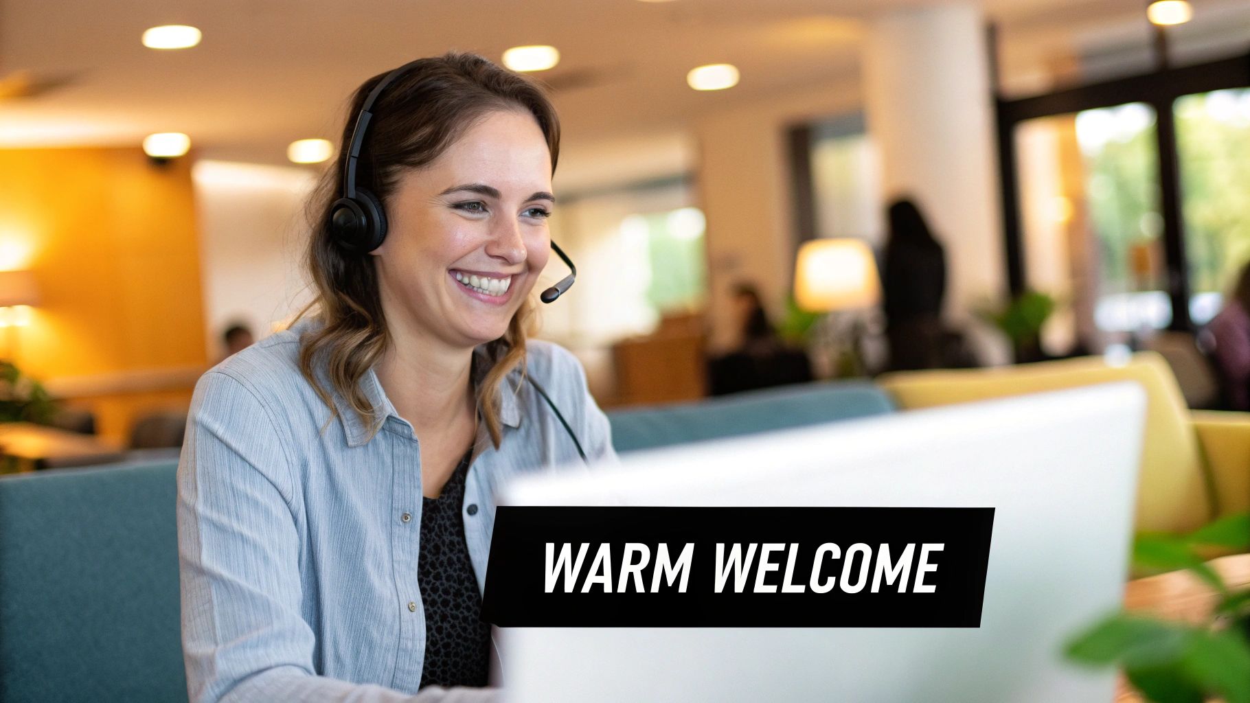 A friendly customer service representative smiling warmly while on the phone, conveying a personal and welcoming attitude.