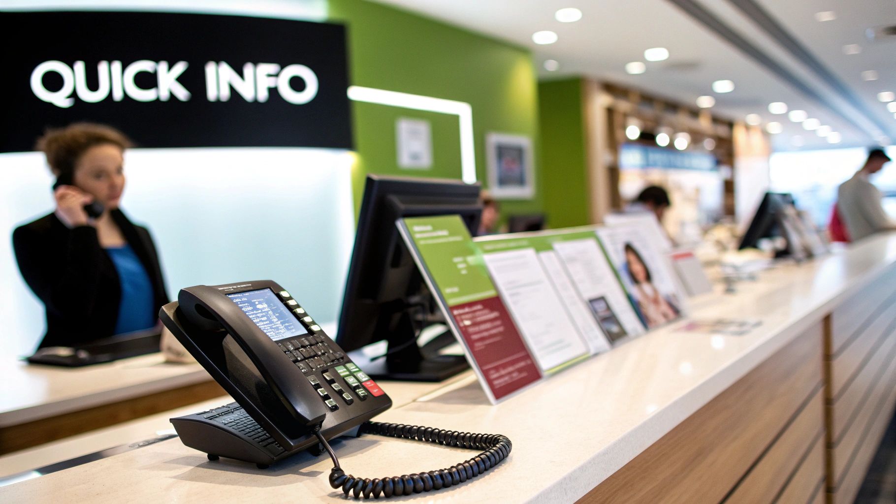 An employee at a front desk answering the phone with a smile, representing an informational greeting.