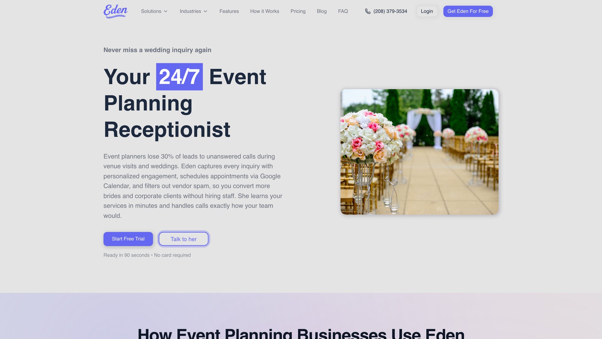 Eden AI receptionist solution for event planners showing 24/7 answering service features