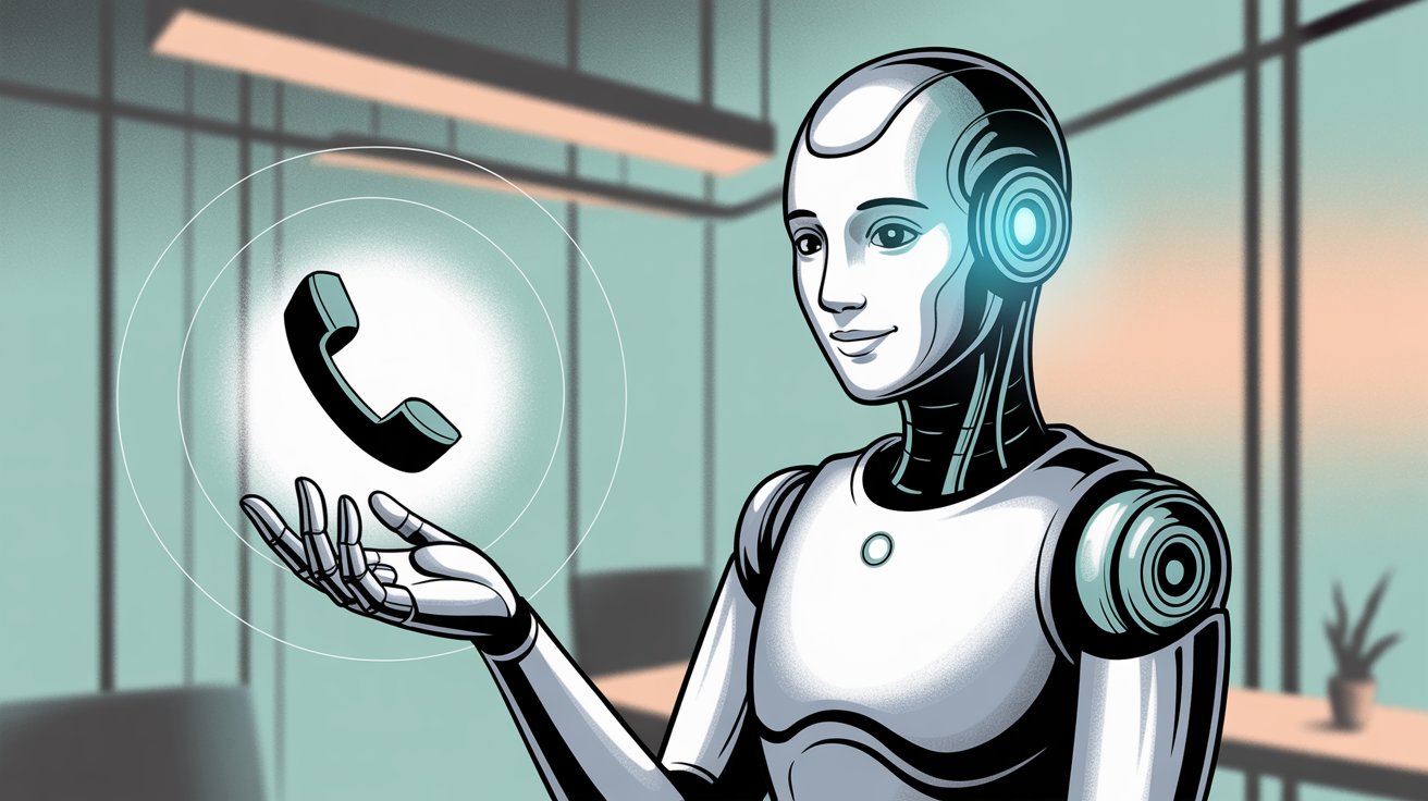 AI receptionist avatar with glowing phone icon, illustrating automated call answering technology for roofing businesses