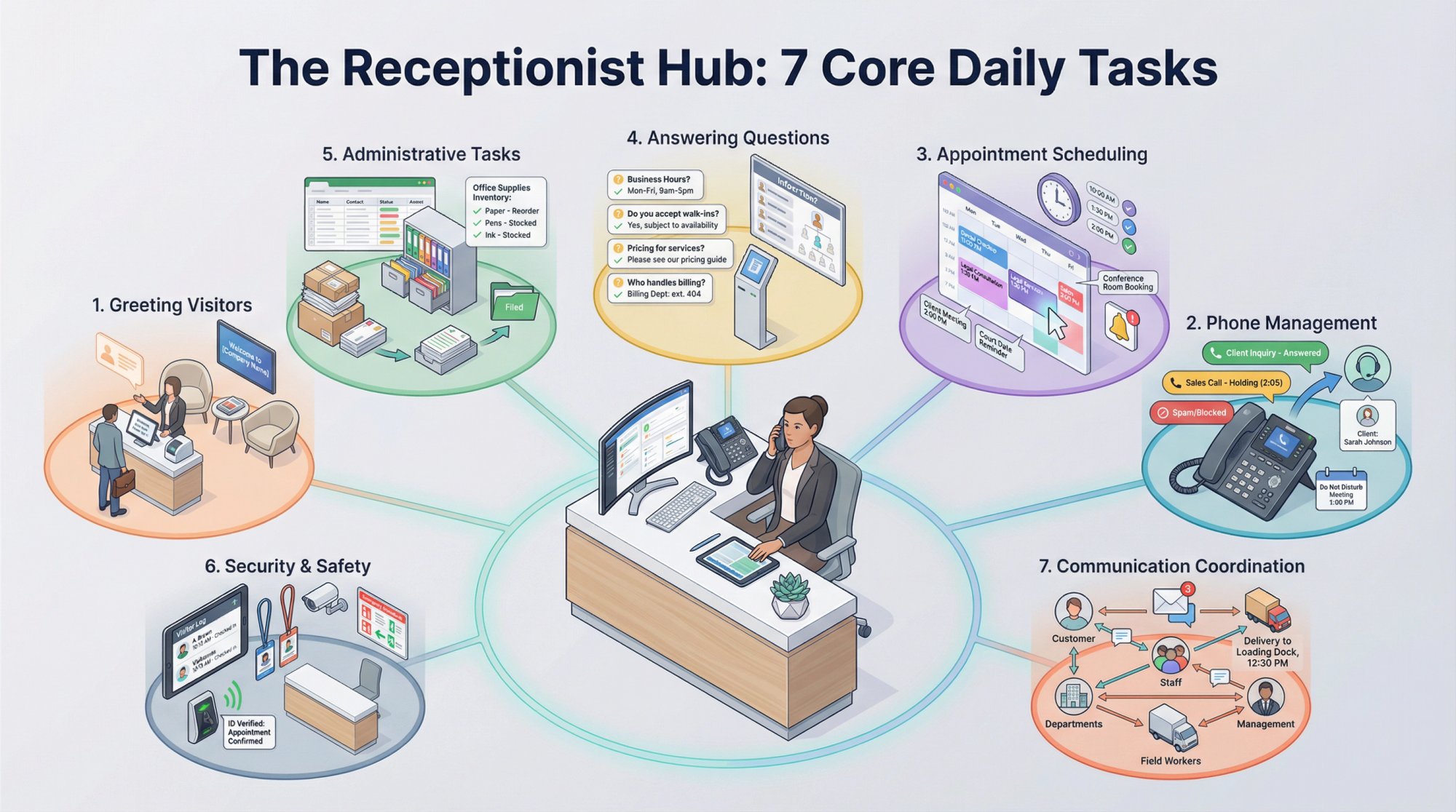 Isometric illustration of receptionist as central hub managing seven core tasks: greeting visitors, answering phones, scheduling appointments, answering questions, handling admin tasks, maintaining security, and coordinating communication