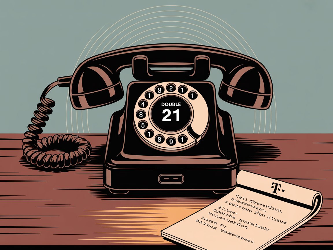 Hand-drawn illustration showing T-Mobile call forwarding codes *21 with modern smartphone