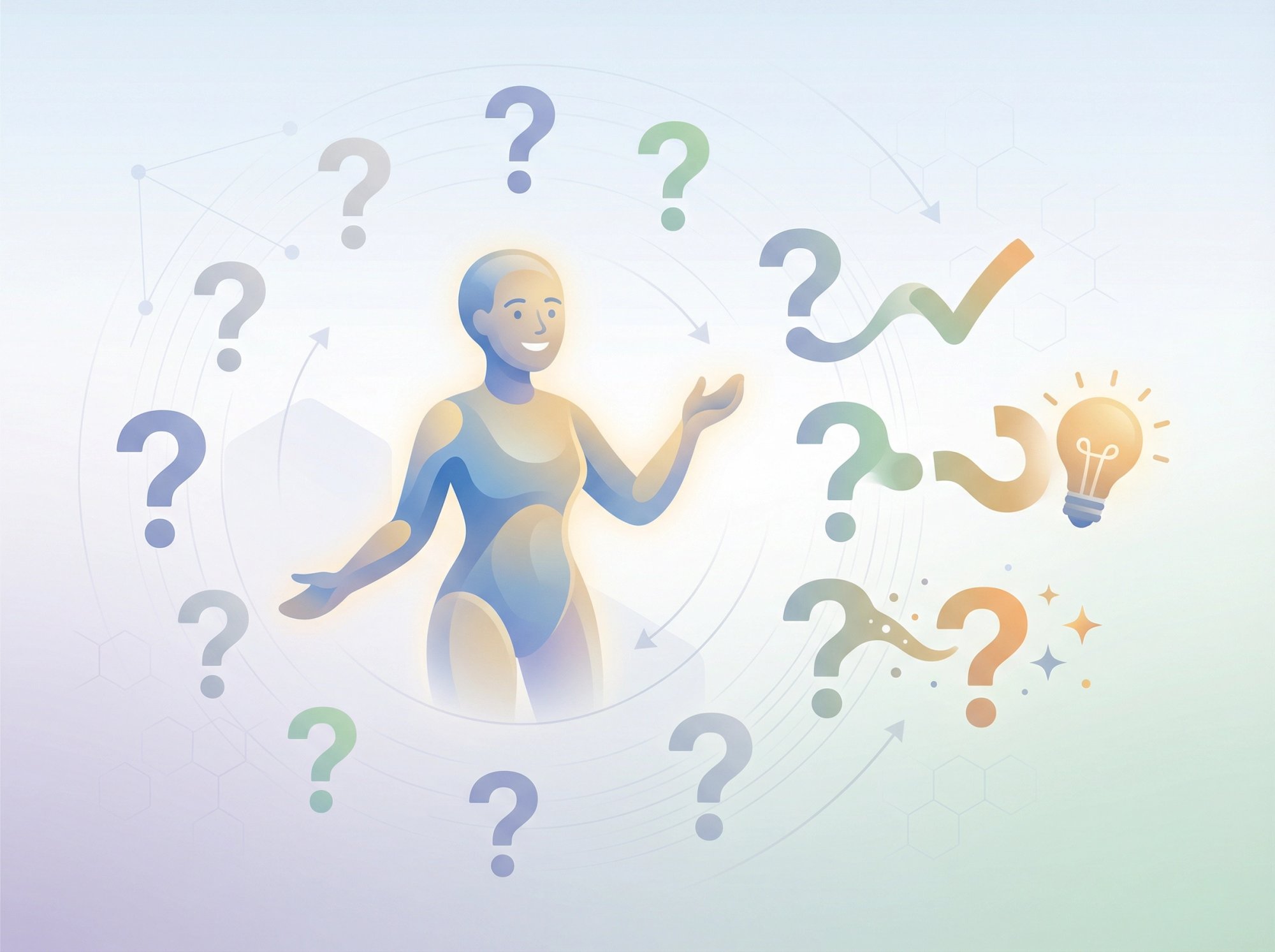 Friendly AI assistant surrounded by question marks transforming into answers, representing helpful FAQ support