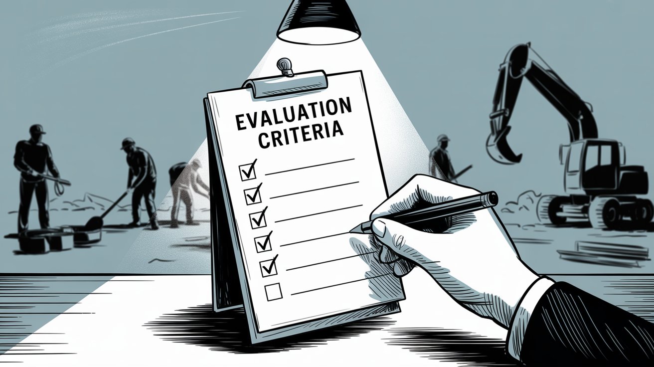 Hand marking checkboxes on evaluation criteria clipboard at construction site with workers and excavator in background