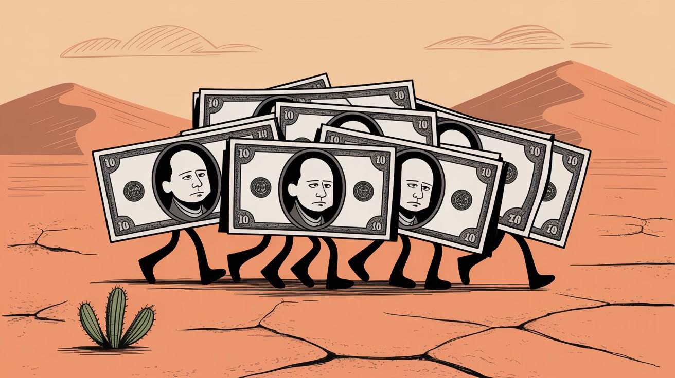 Illustration of money with legs walking away across a desert, representing lost revenue from missed business calls