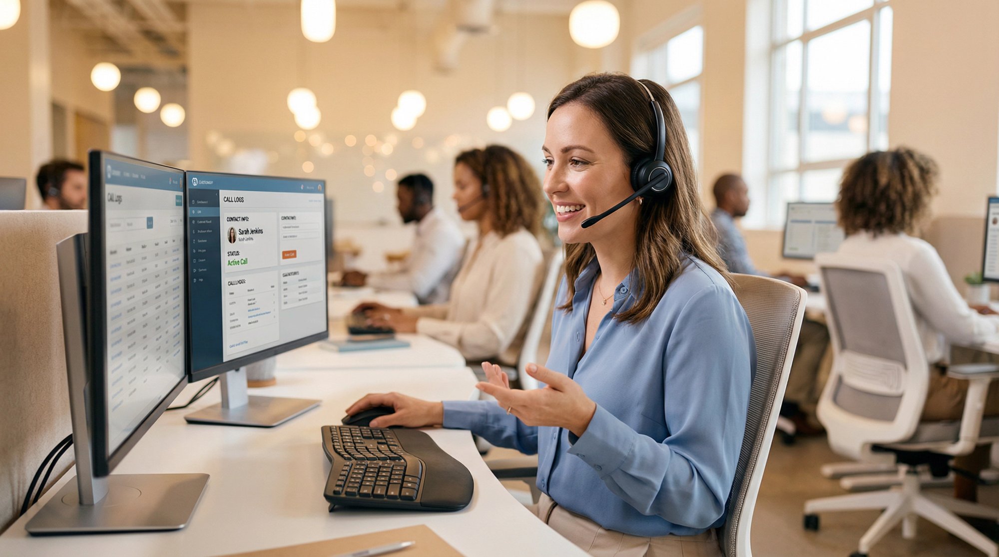 Professional call center receptionist with headset answering business calls at modern workstation