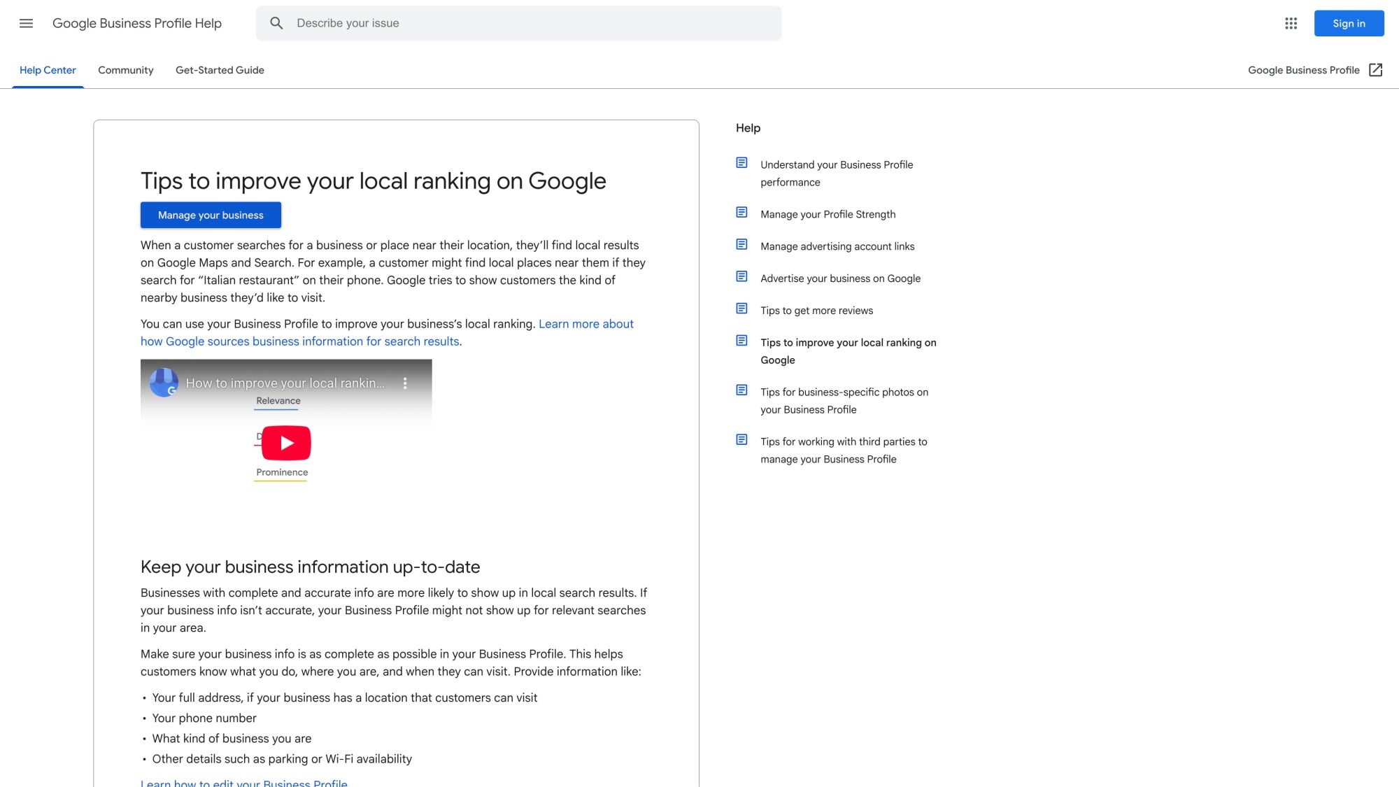 Google Business Profile Help page titled Tips to improve your local ranking on Google, showing the official source for Relevance, Distance, and Prominence ranking factors