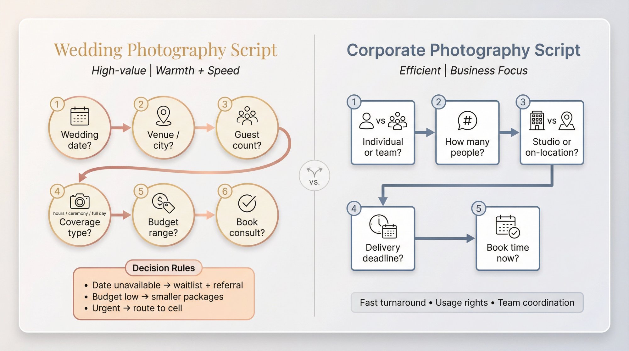 Side-by-side comparison infographic showing wedding and corporate photography call scripts with numbered question flows and decision branches