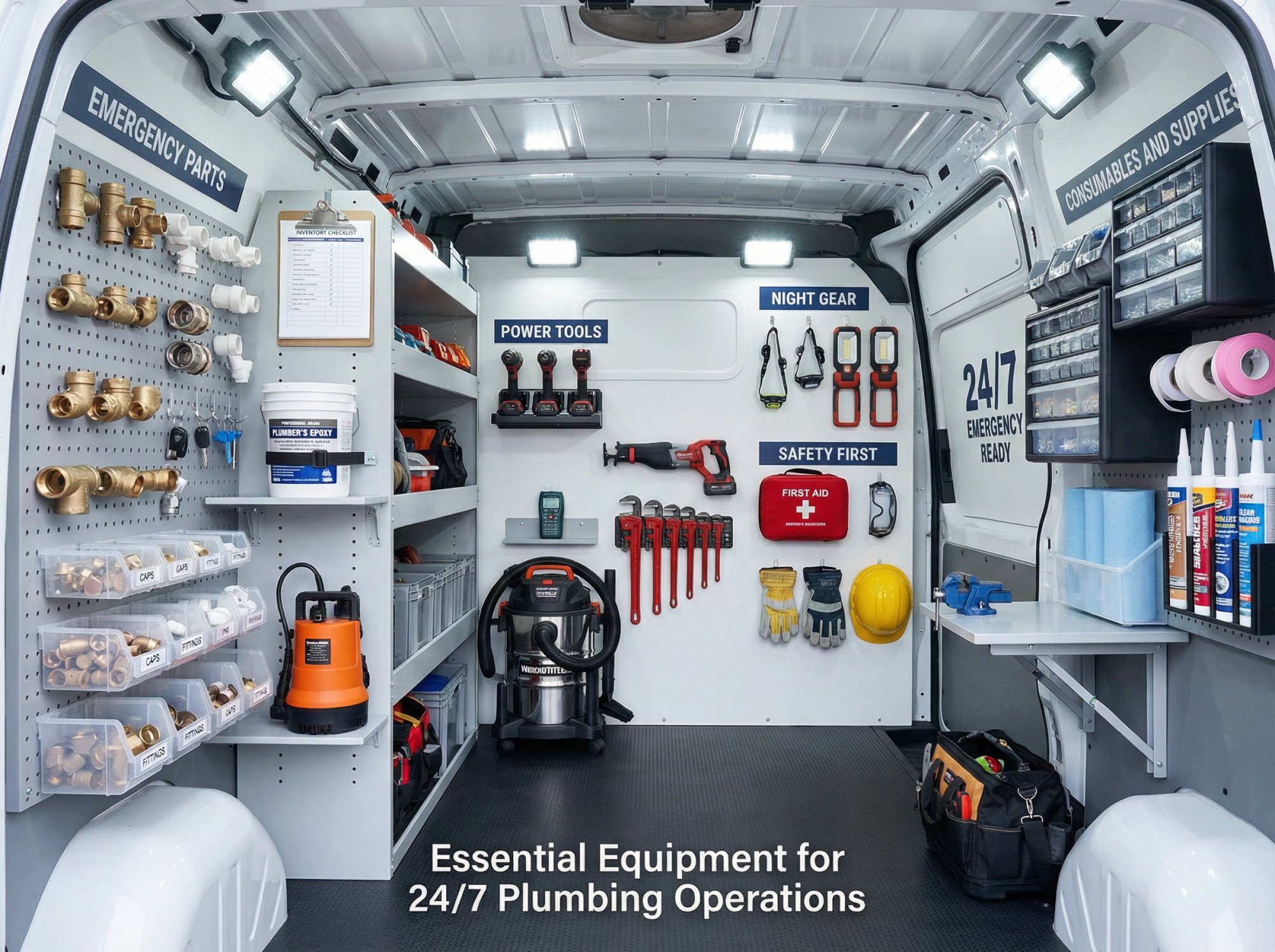 Professional emergency plumbing service van interior showing organized equipment zones and essential tools