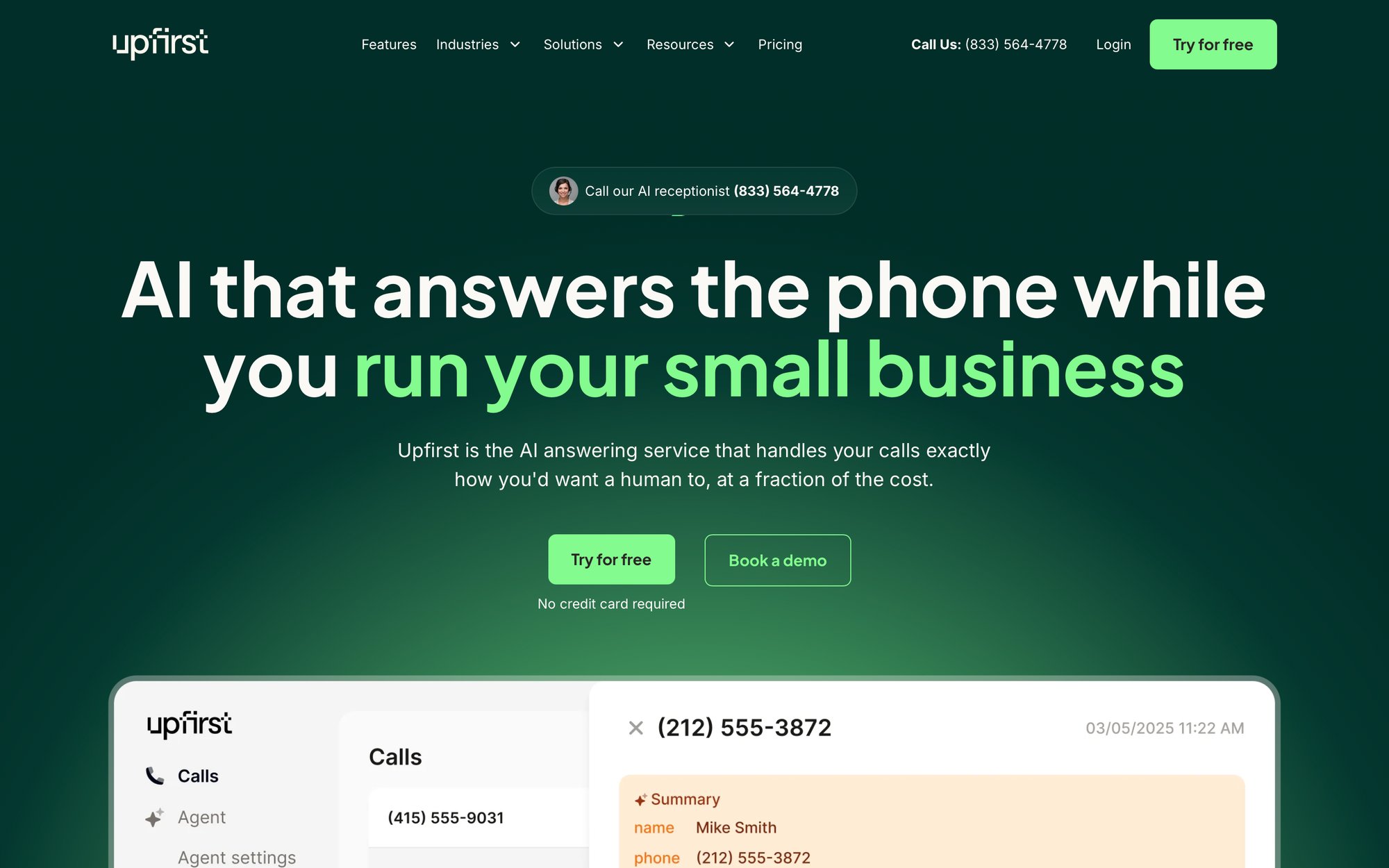 Upfirst website showcasing an AI receptionist service for small businesses with a call management dashboard.