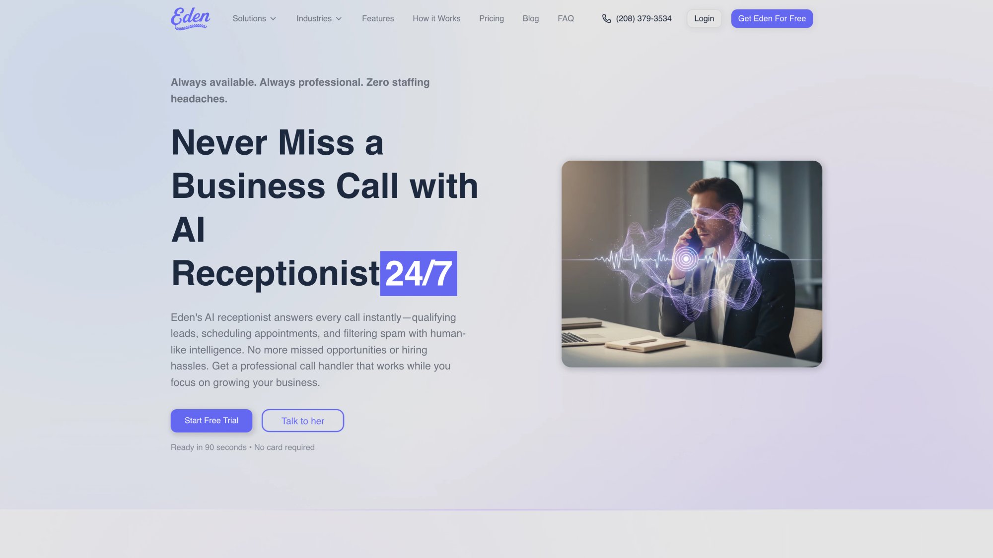 Eden AI receptionist solution page featuring 24/7 answering, lead capture, appointment scheduling, and bilingual support capabilities