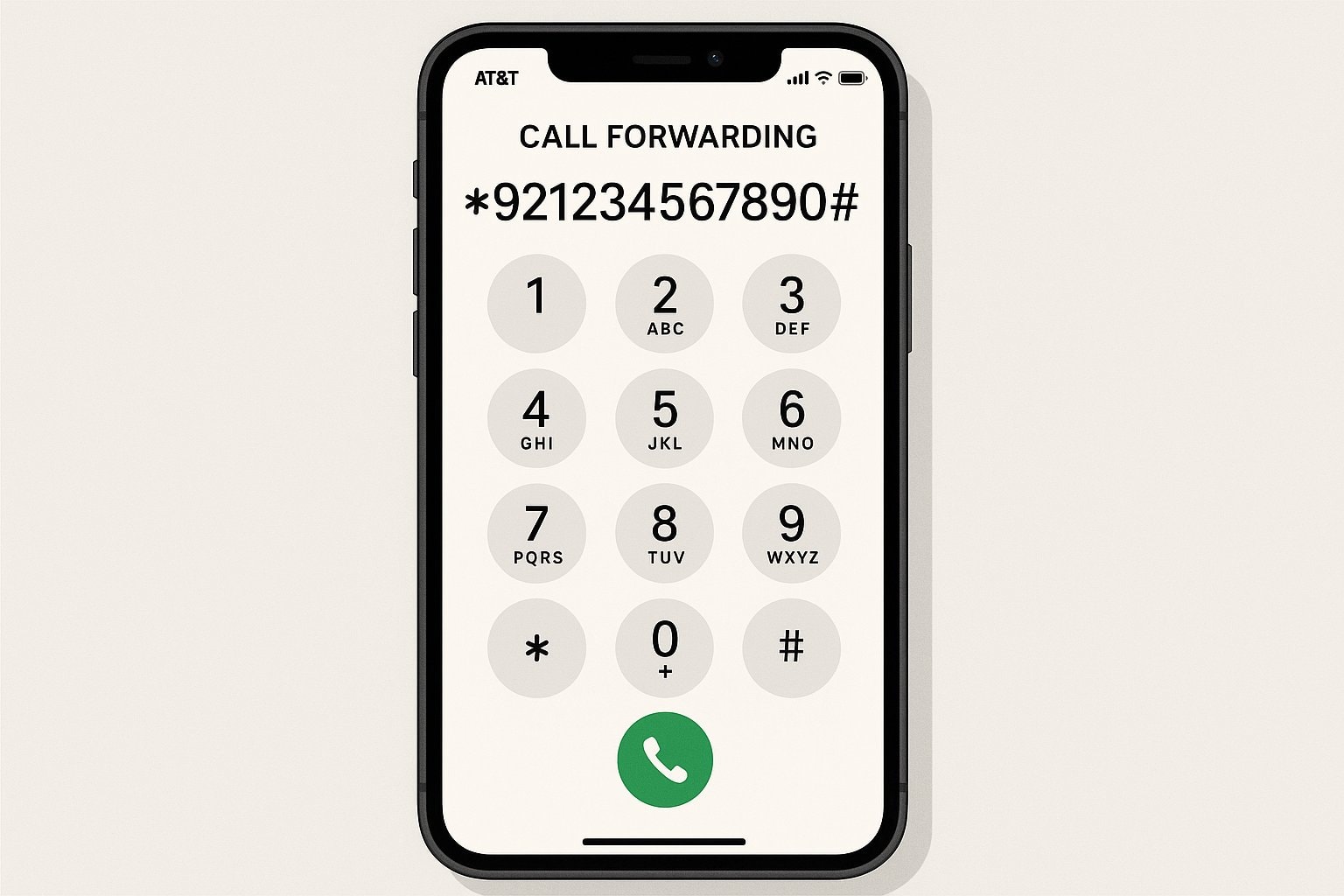 Smartphone screen displaying AT&T call forwarding code *921234567890# on dial pad