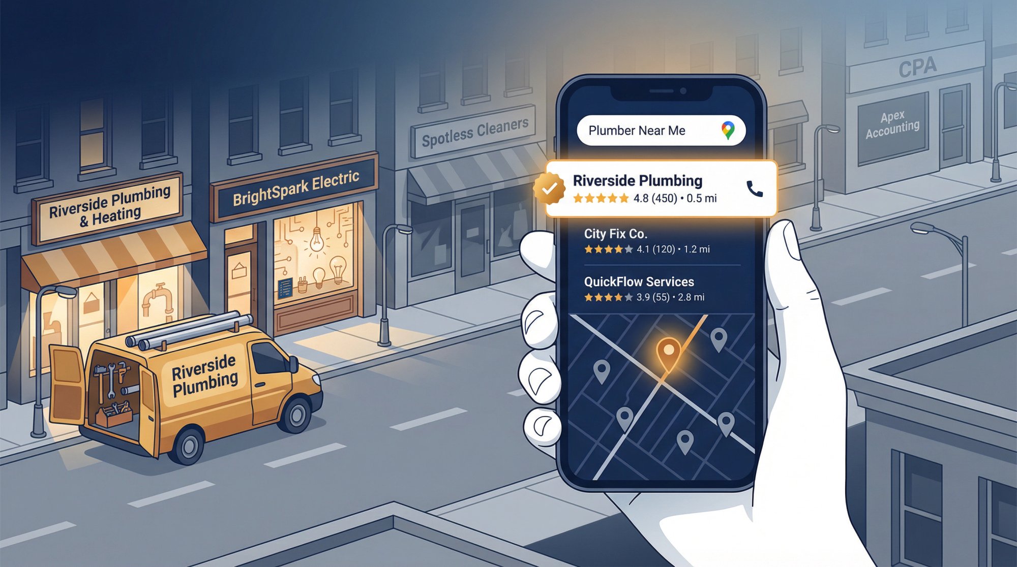 Person on smartphone viewing Google local map pack search results with small business storefronts, one business highlighted as visible while others fade into the background