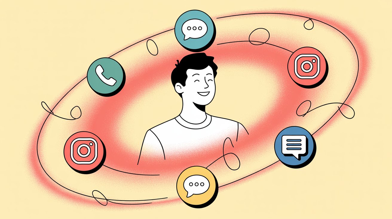Happy customer surrounded by seamlessly connected omnichannel communication channels showing satisfaction from unified service experience