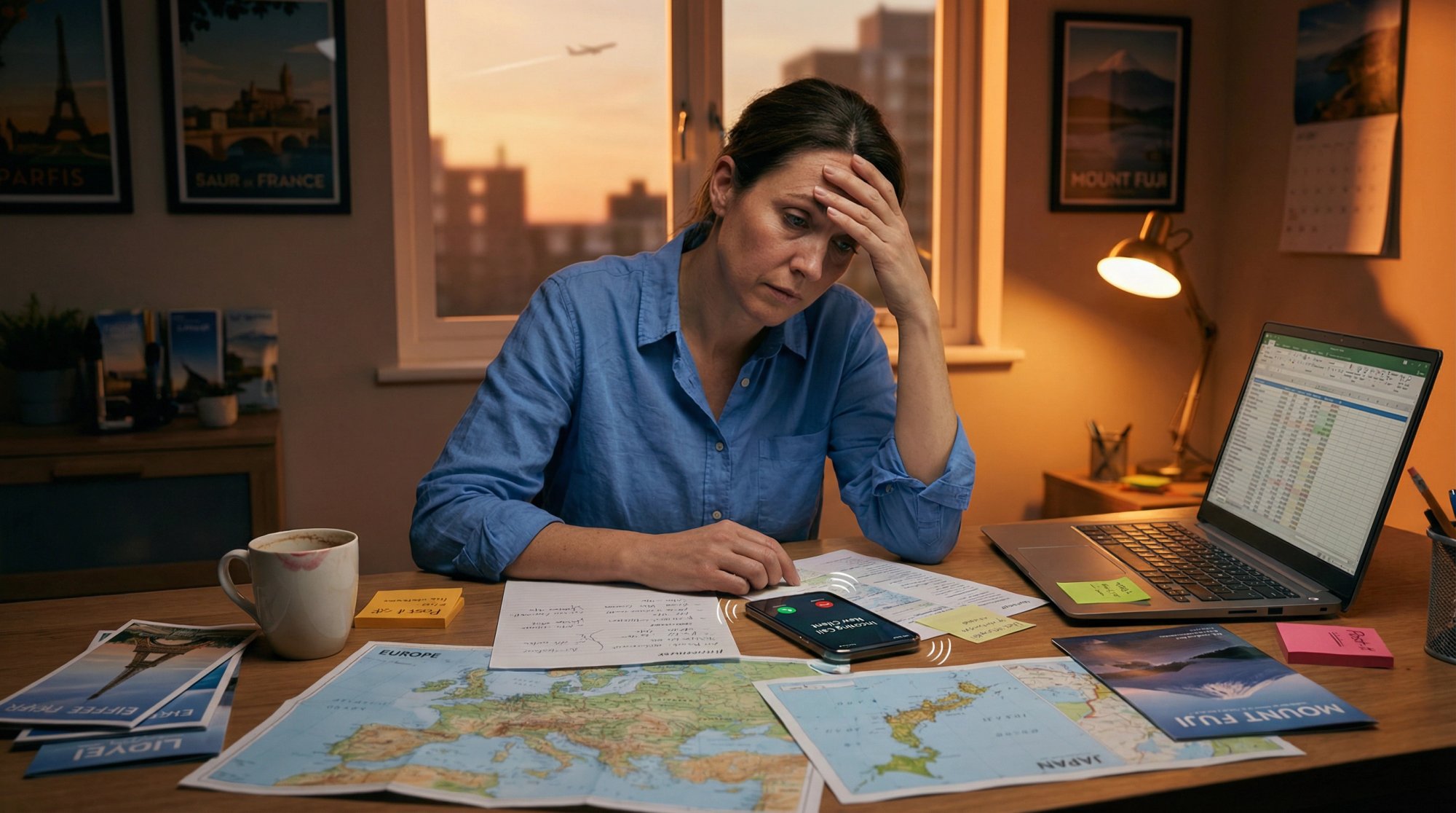 Travel agent working late at desk with phone ringing, surrounded by maps and itineraries in warm evening light