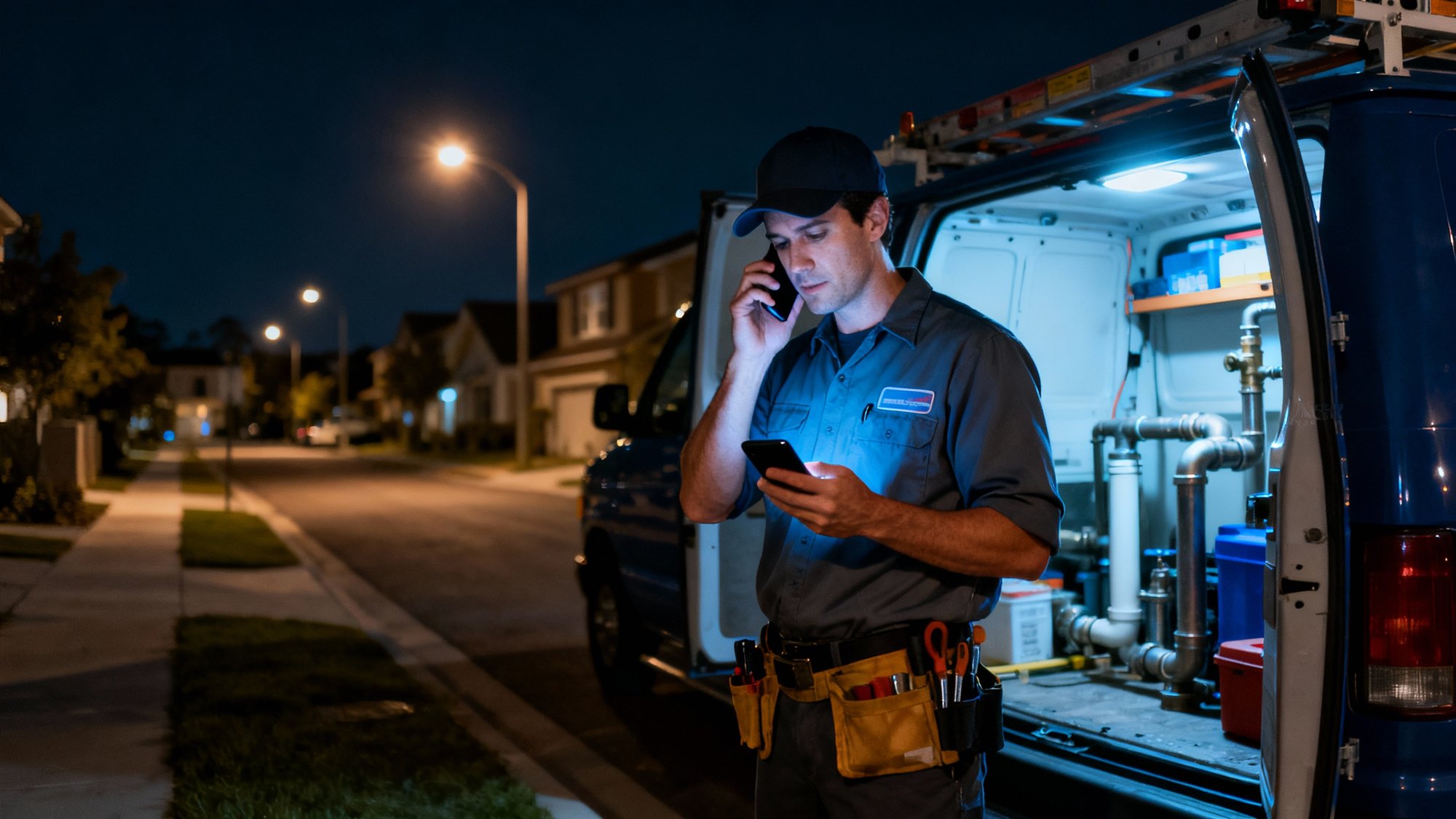 Professional plumber responding to emergency call on phone at night next to service van in residential neighborhood