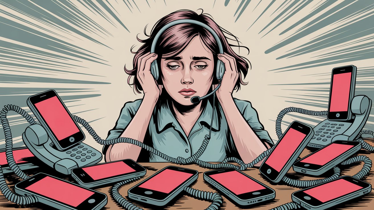 Overwhelmed customer support agent surrounded by multiple ringing phones, illustrating the chaos of handling repetitive inquiries manually