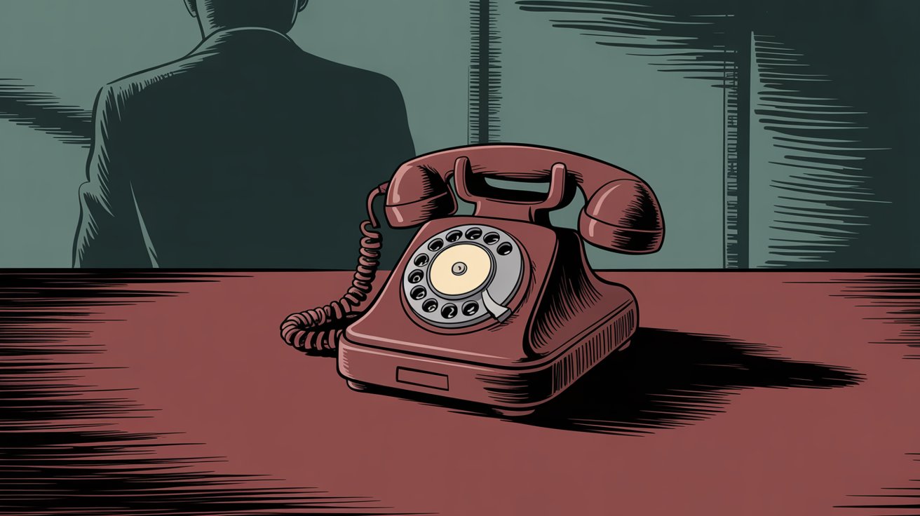 Vintage rotary phone on desk with silhouetted figure walking away, illustrating missed calls and lost client opportunities for law firms