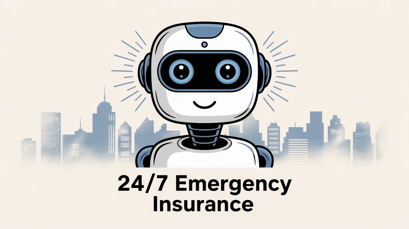 AI robot with headset showing 24/7 emergency insurance support availability with city skyline background