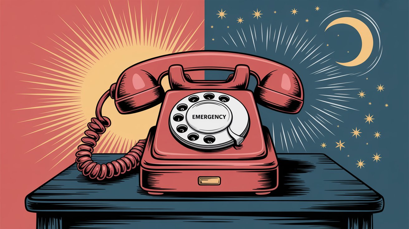 Vintage red emergency phone with split day and night background showing 24/7 availability for HVAC calls