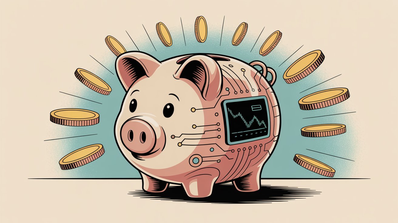 AI-powered savings piggy bank with coins representing cost reduction and efficiency