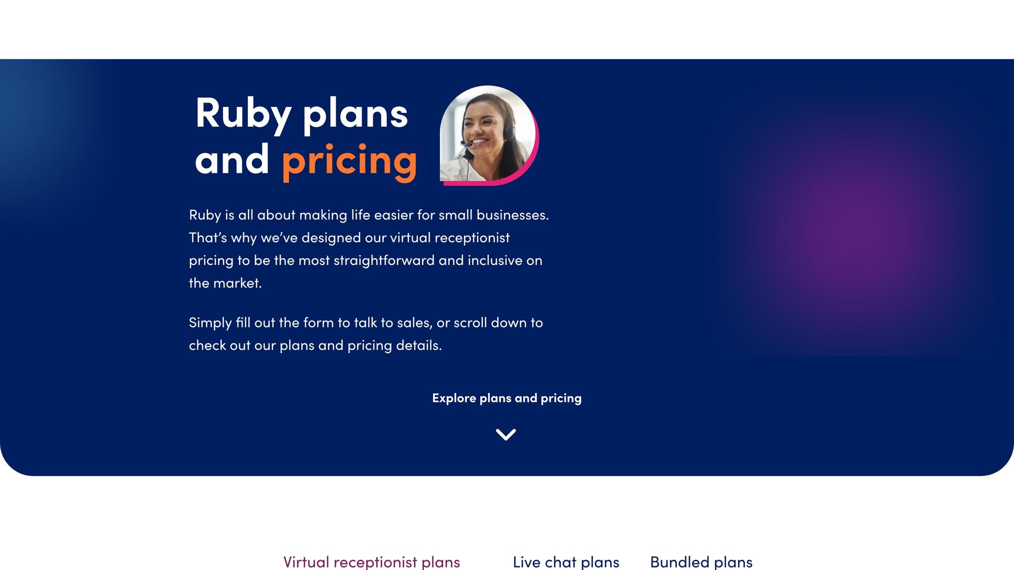 Ruby Receptionists pricing page showing actual plan tiers from $245 Starter to $1,695 Pro with per-minute billing details