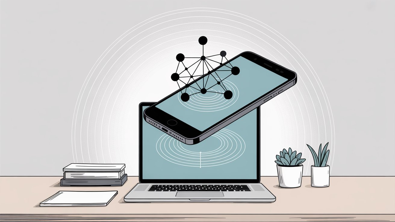 Virtual phone system setup process illustration showing laptop and smartphone connectivity