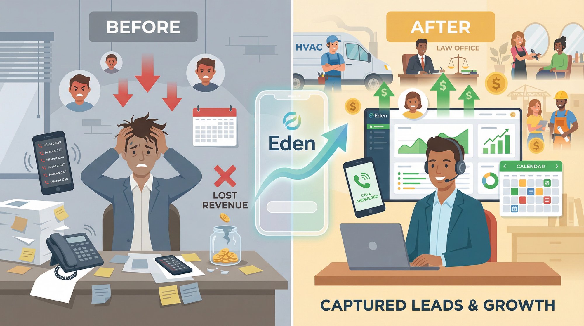 Small business owner confidently taking a call with visible growth metrics and satisfied customer interactions in background