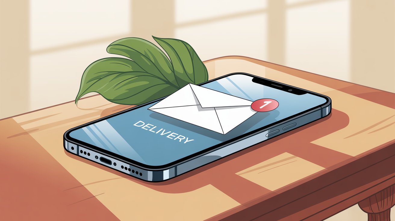 Illustration of email successfully delivered as text message on smartphone with notification