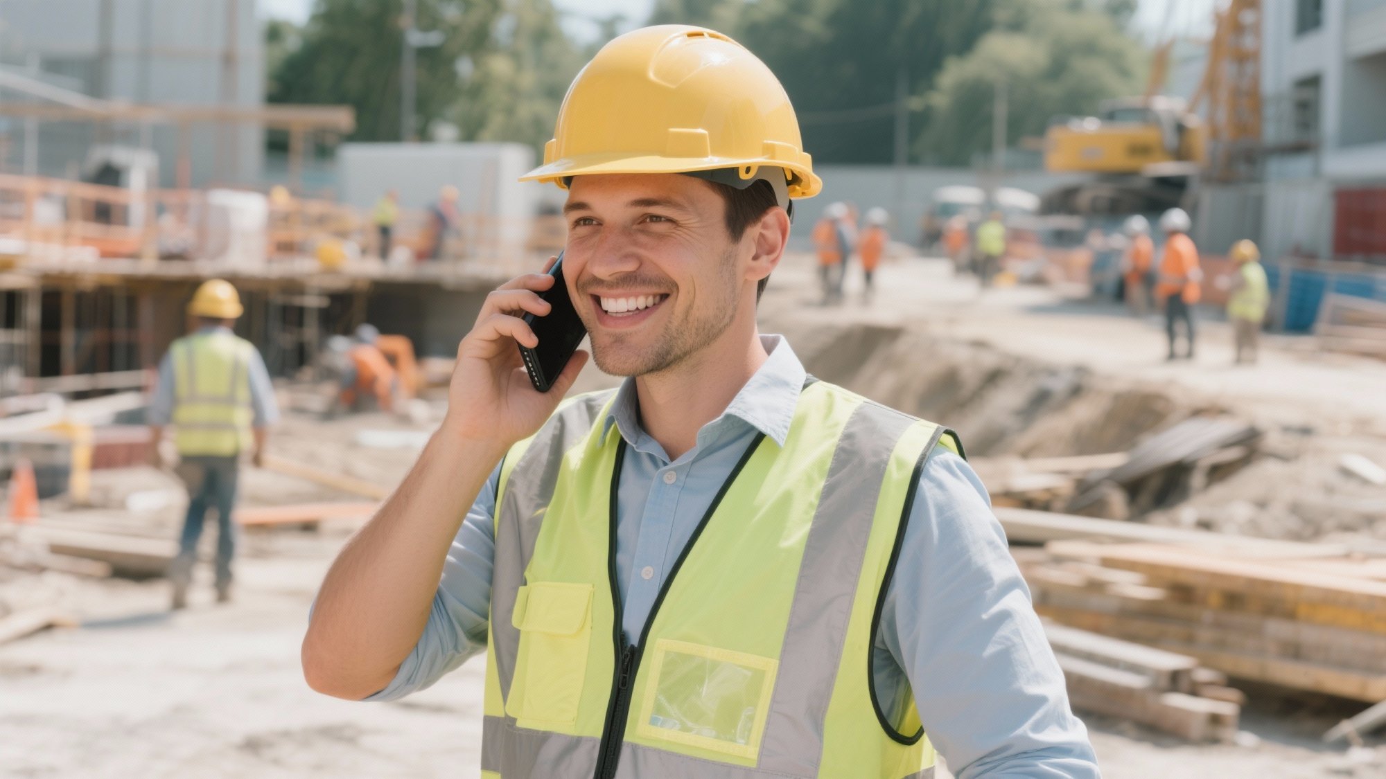 Professional contractor answering phone call on busy construction site, demonstrating immediate response and speed-to-lead best practices