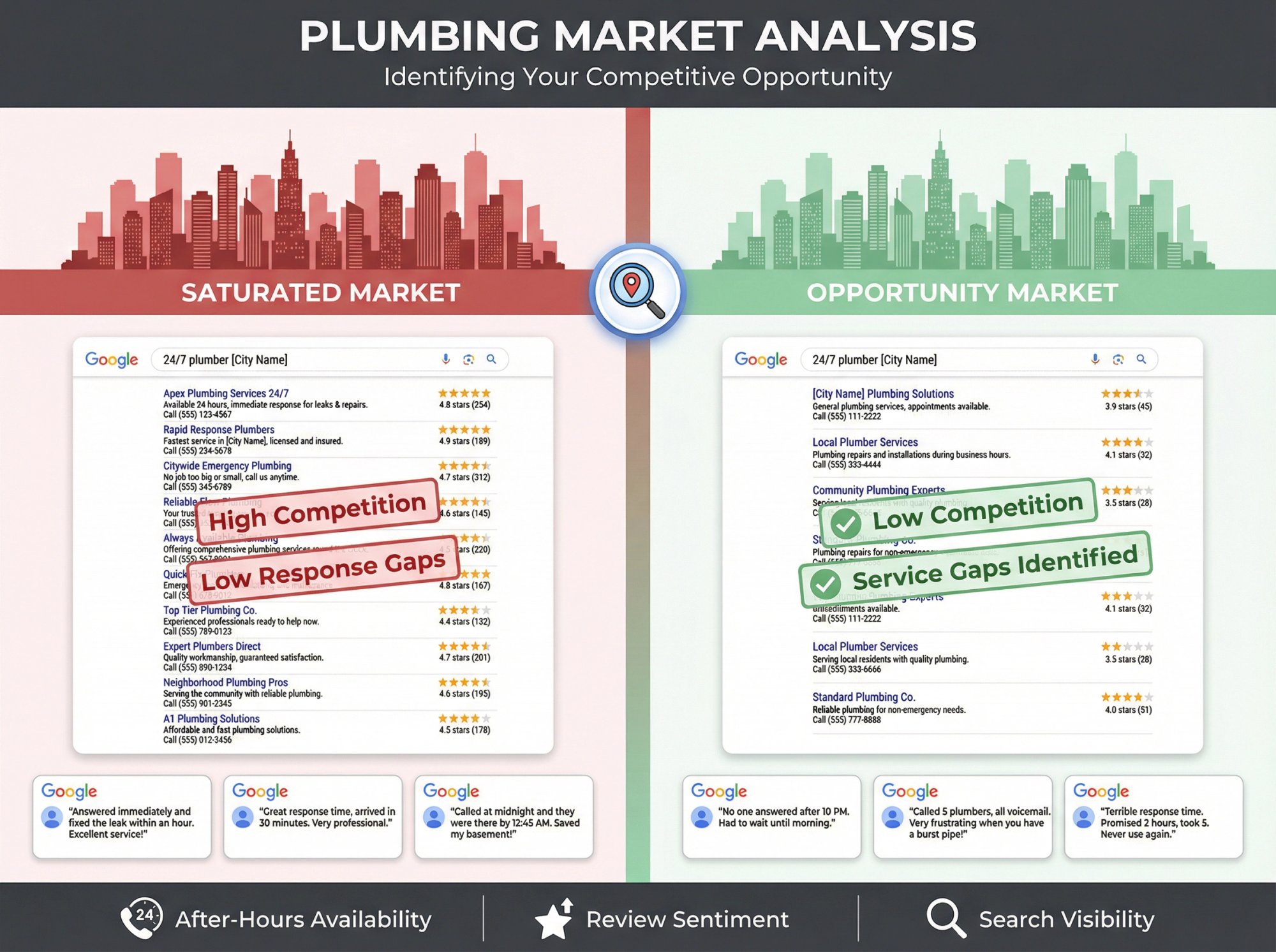 Split-screen infographic comparing saturated vs. opportunity-rich plumbing markets with competitive analysis layers