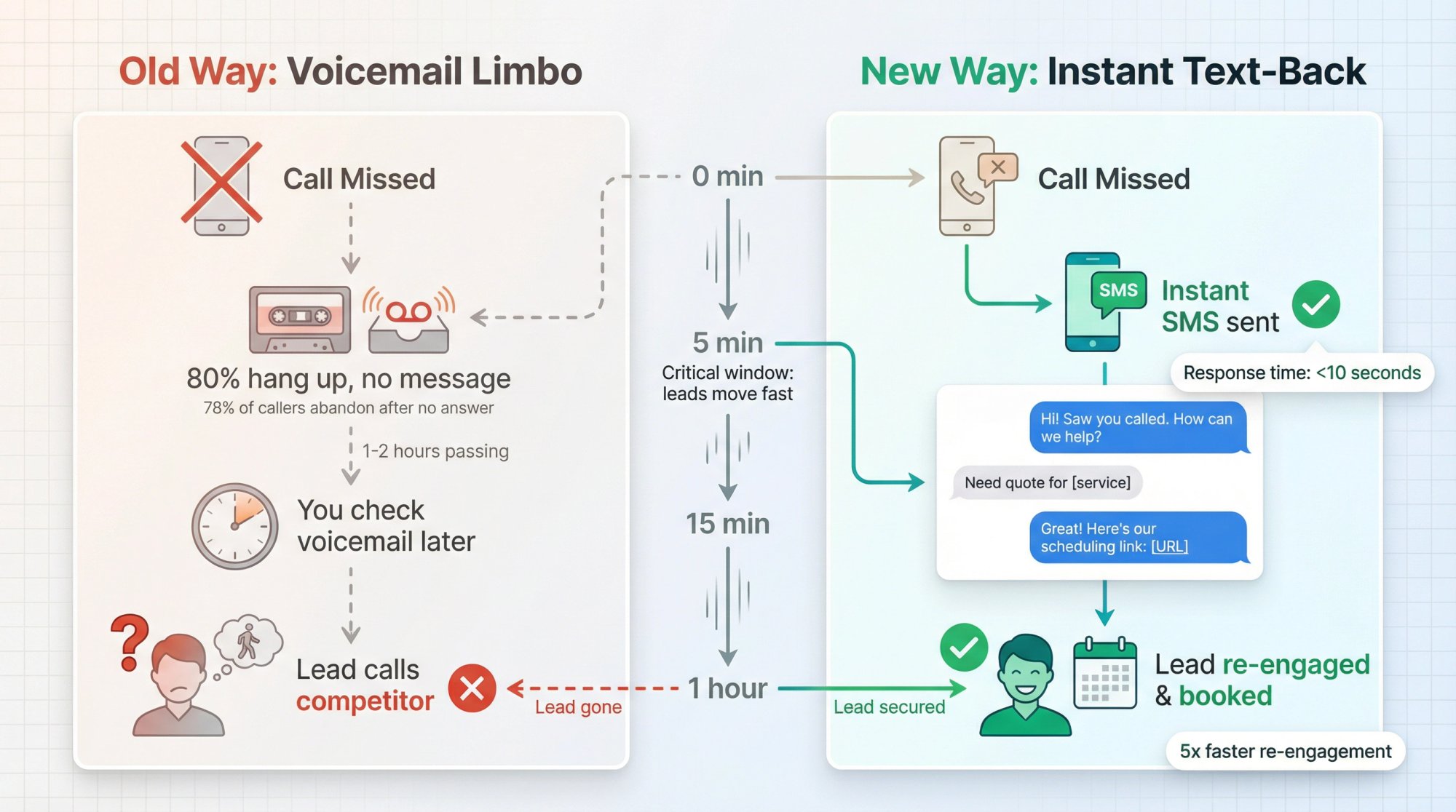 Comparison of traditional voicemail vs automated SMS text-back showing time-to-response and lead retention