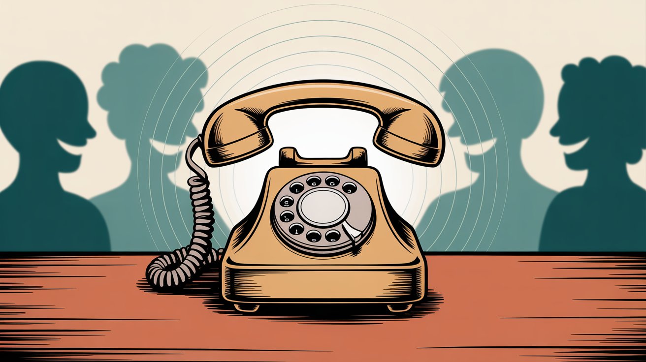 Vintage phone with silhouettes of people in background, illustrating client trust and satisfaction through responsive phone service for law firms
