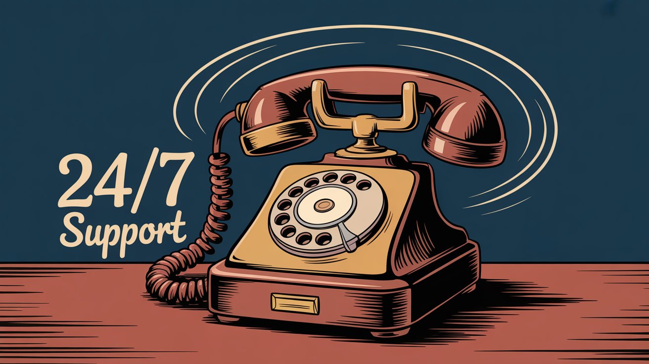 Vintage telephone with 24/7 Support text, illustrating round-the-clock AI receptionist availability for roofing businesses