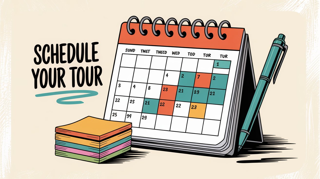 Calendar and scheduling illustration showing lead qualification and property tour booking process