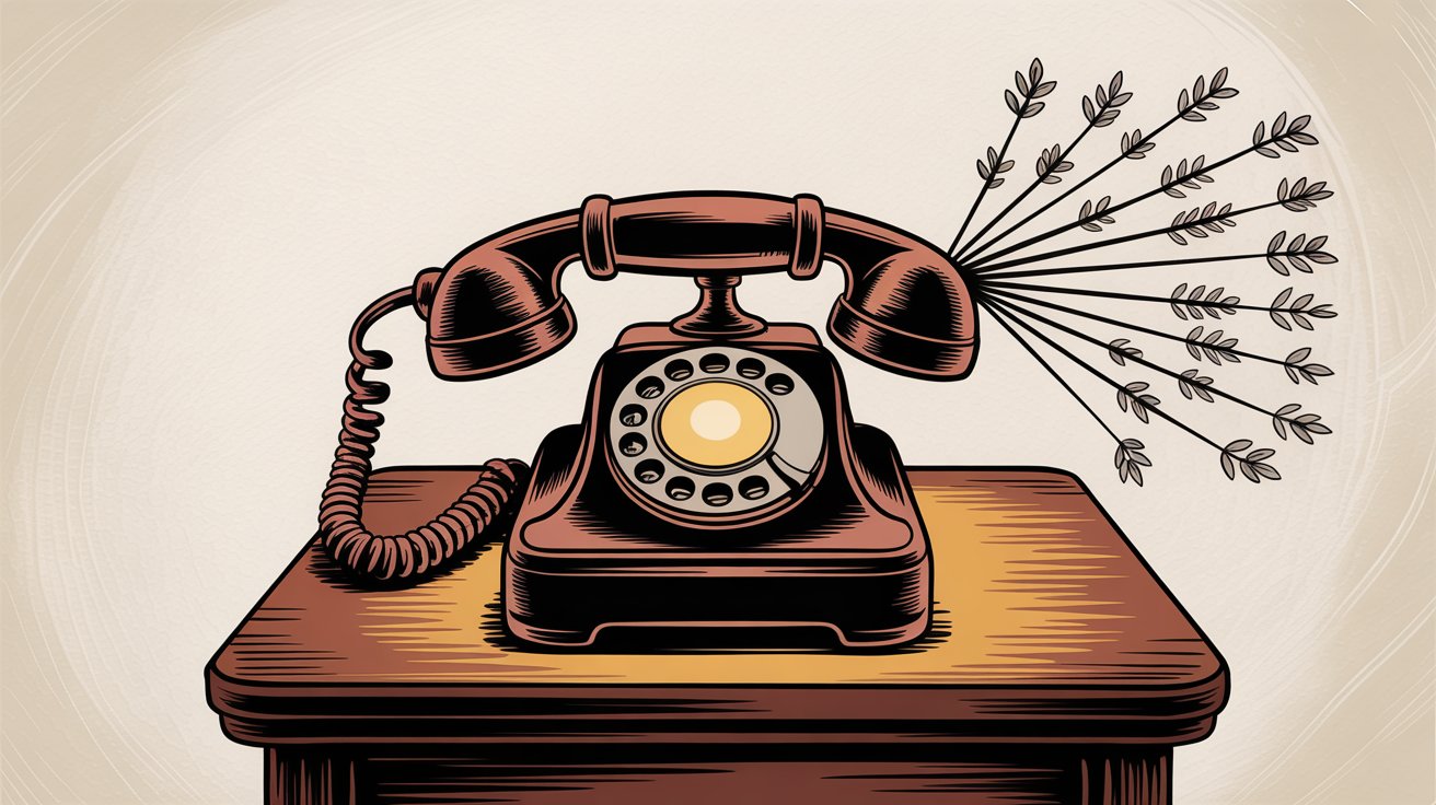 Vintage rotary phone on wooden desk with growth branches sprouting upward representing lead capture and business growth