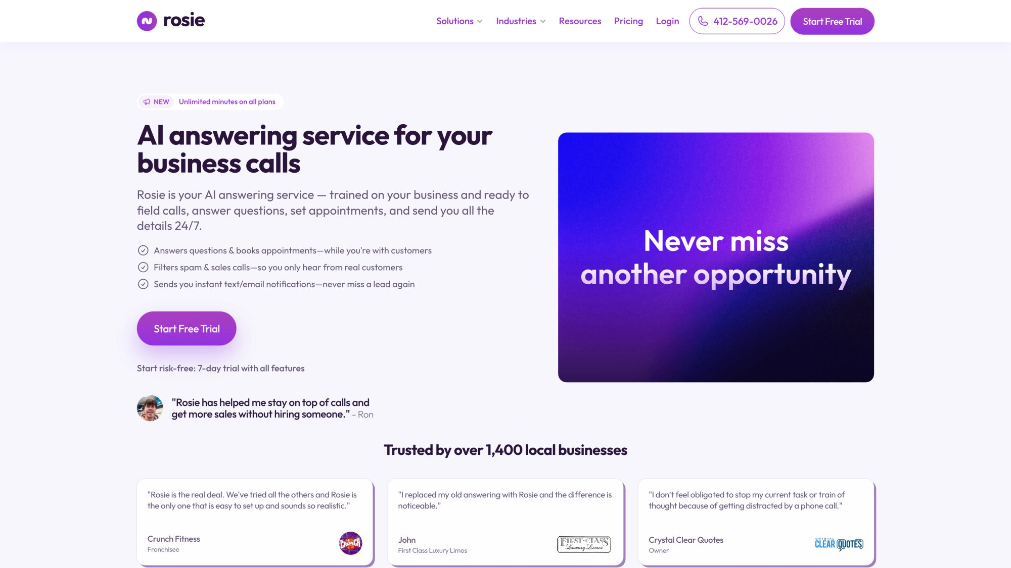 Rosie AI homepage featuring affordable 24/7 AI receptionist service for small businesses and gyms