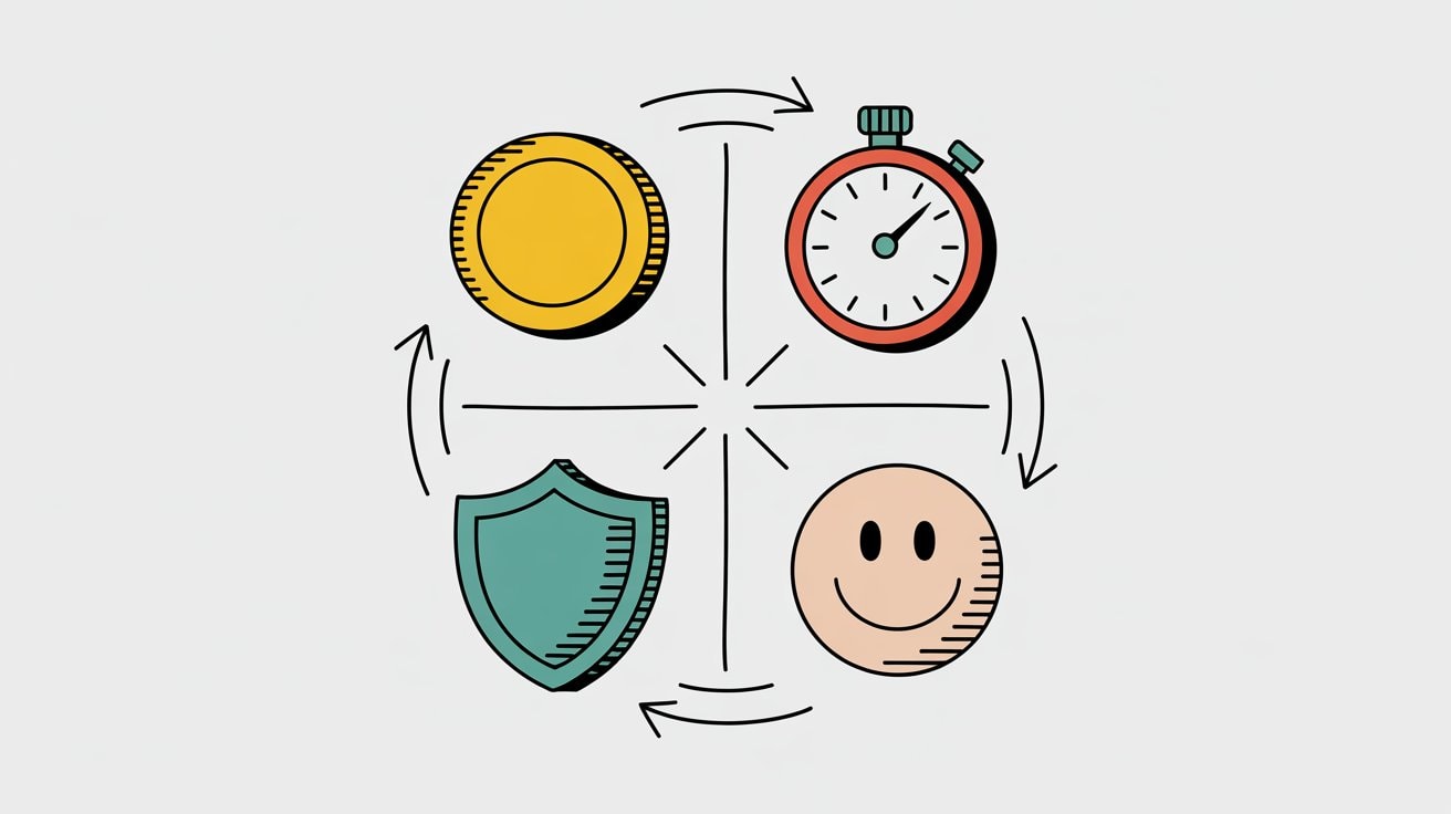 Hand-drawn FAQ visual showing common questions with icons for cost, setup time, reliability, and customer satisfaction
