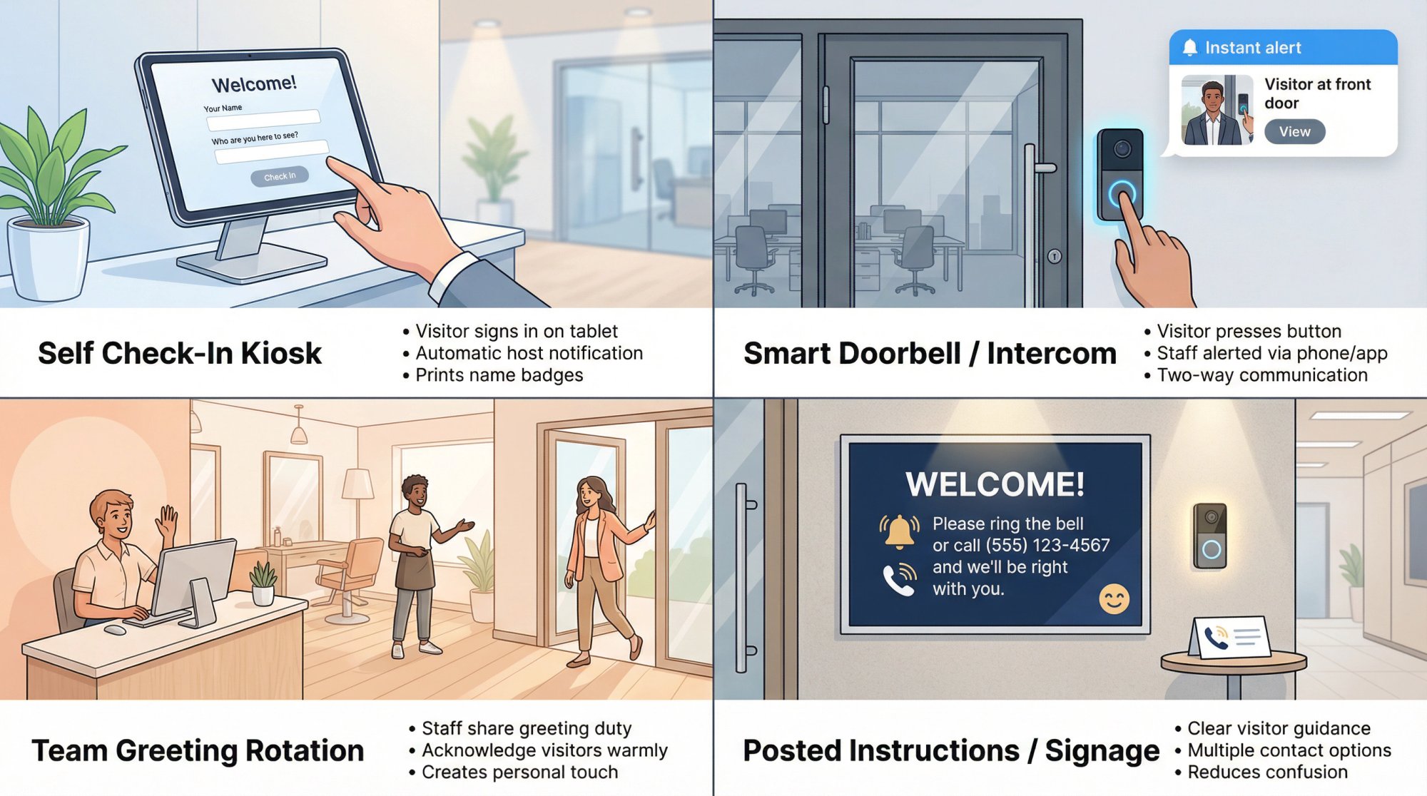 Four modern solutions for managing walk-in visitors without a receptionist: self-check-in tablet, smart doorbell intercom, team greeting rotation, and welcoming signage with instructions