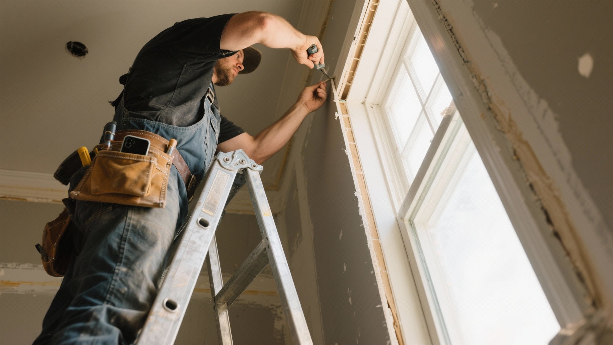 Contractor on ladder installing window trim with tools in hands and smartphone in tool belt out of reach at residential construction site