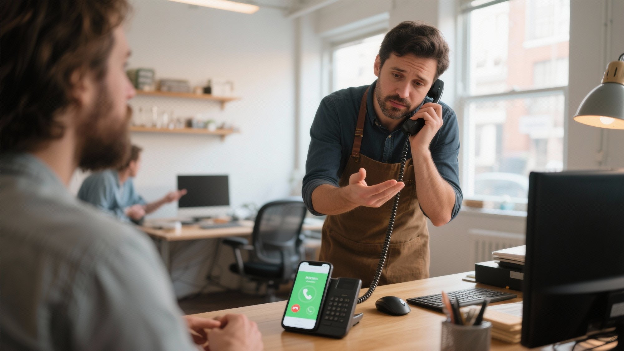 Small business owner on phone call while another call comes in, showing the stress of handling multiple customer demands simultaneously