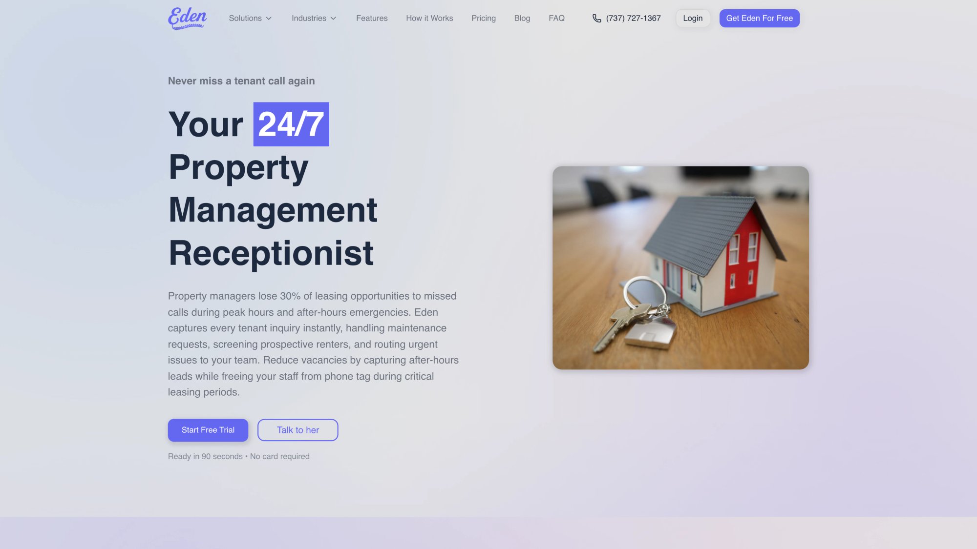 Eden's property management answering service page highlighting tenant emergency call handling and maintenance dispatch coordination