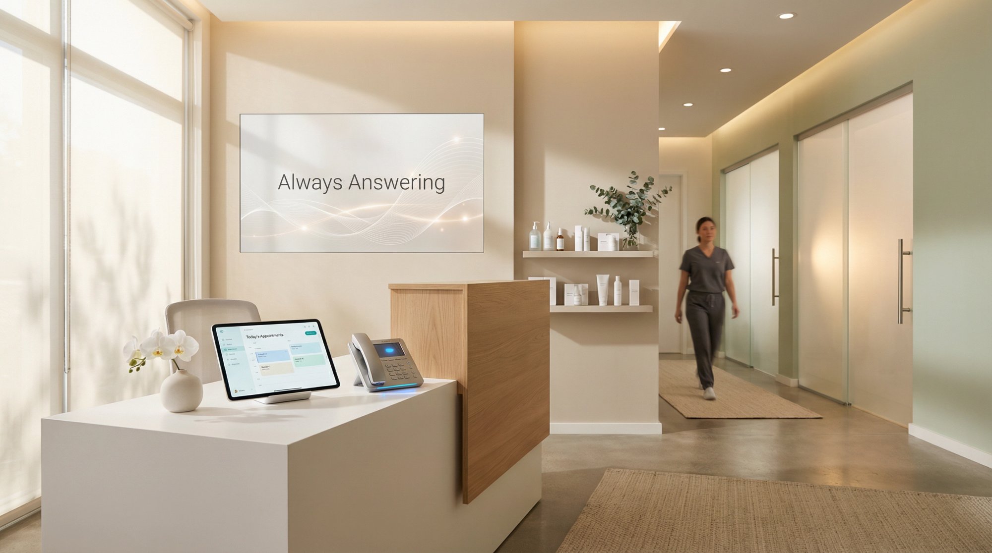 Modern skincare clinic reception area with sleek technology integration and serene professional atmosphere