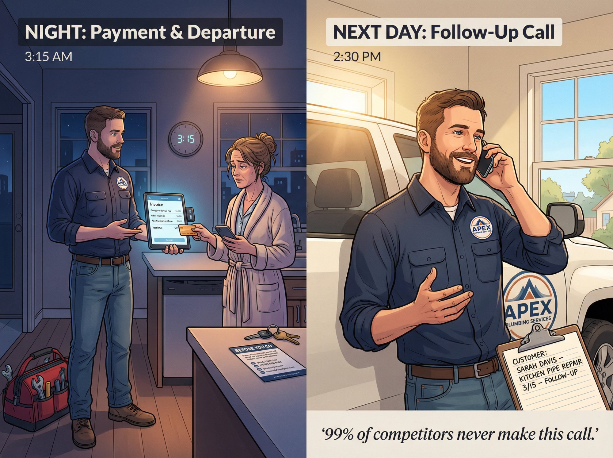 Split-panel illustration showing emergency plumber handling payment at night, then making a follow-up check-in call the next day