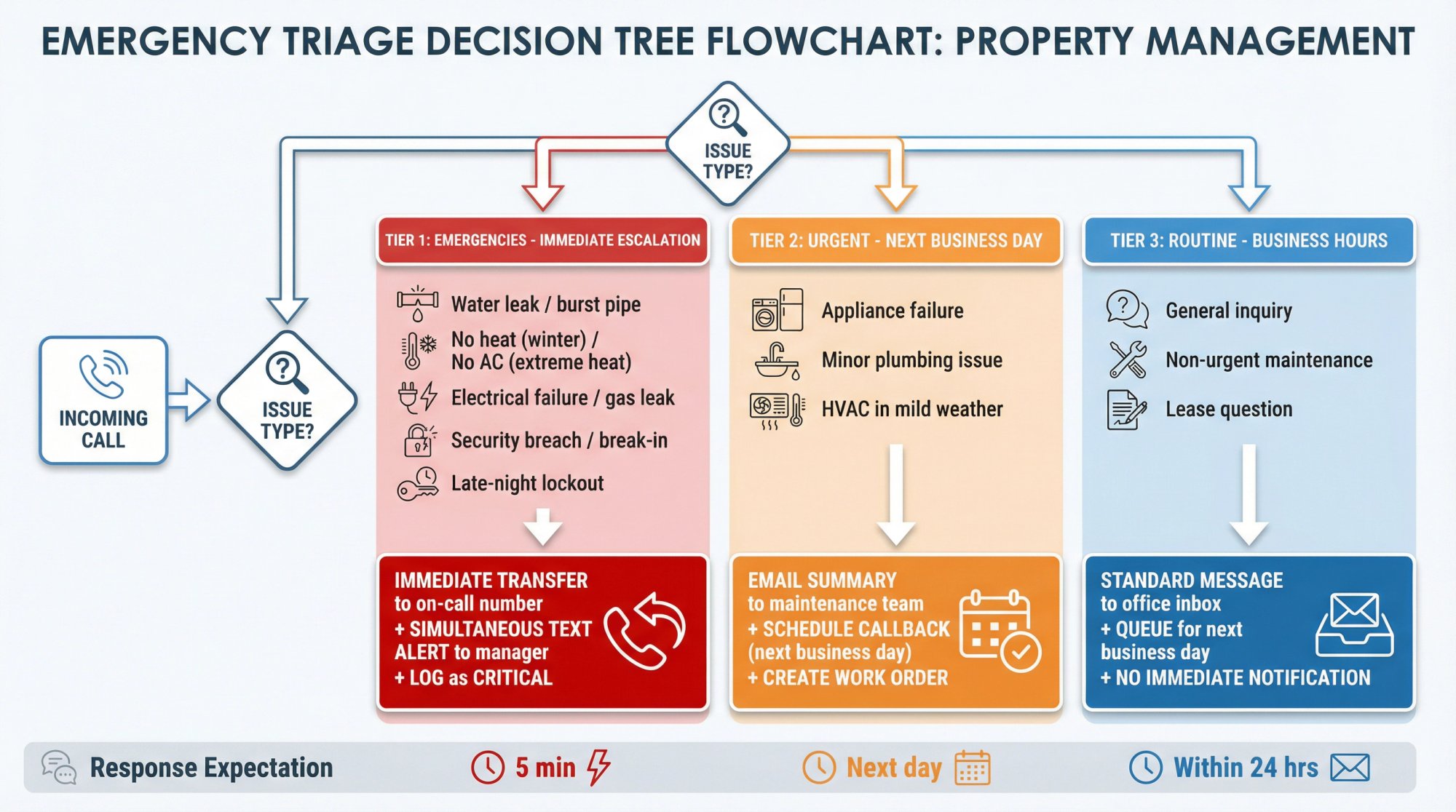Emergency triage decision tree flowchart showing three urgency tiers for property management calls: Tier 1 (red) for immediate emergencies requiring instant transfer and text alerts, Tier 2 (orange) for next-business-day urgent issues routed via email, and Tier 3 (blue) for routine inquiries queued for business hours