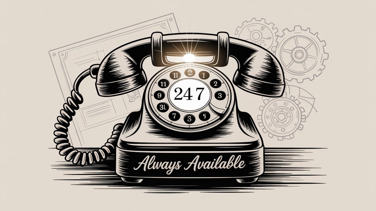 24/7 availability concept showing round-the-clock phone answering service that never sleeps - always available for customer calls