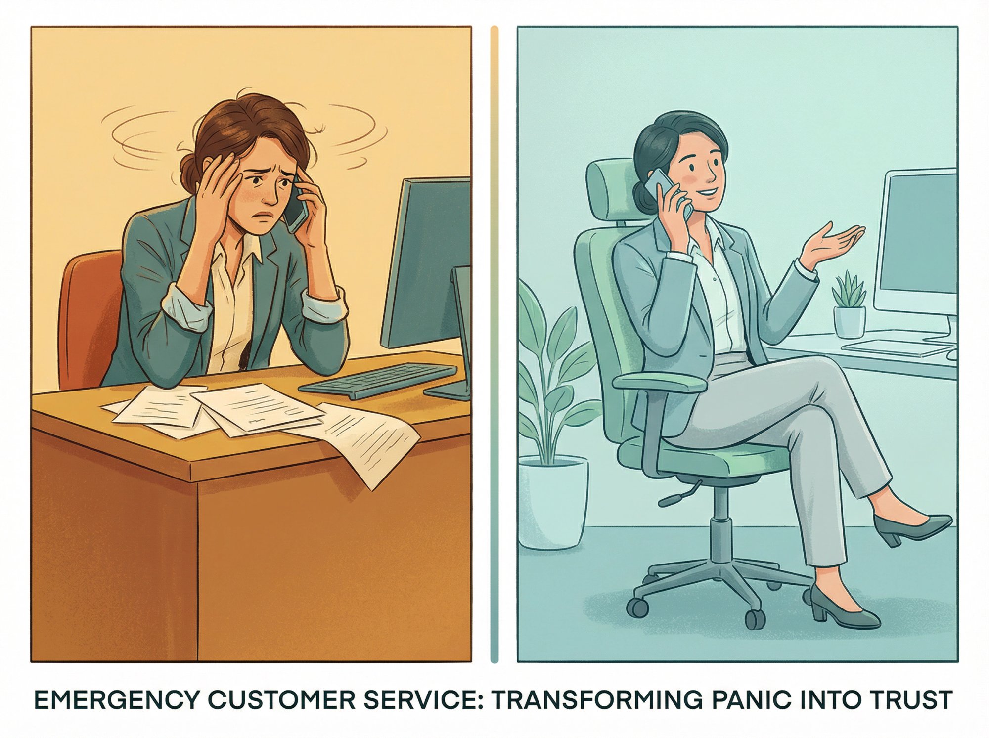 Split-panel illustration showing emotional transformation from panicked emergency caller to calm, reassured customer