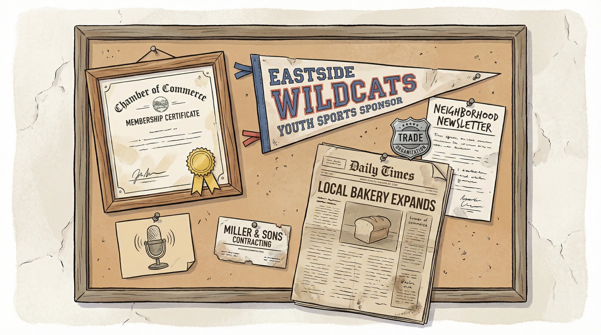 Community bulletin board with local business credentials: chamber membership, sponsorship banner, newspaper clipping, trade certificate, and partner card