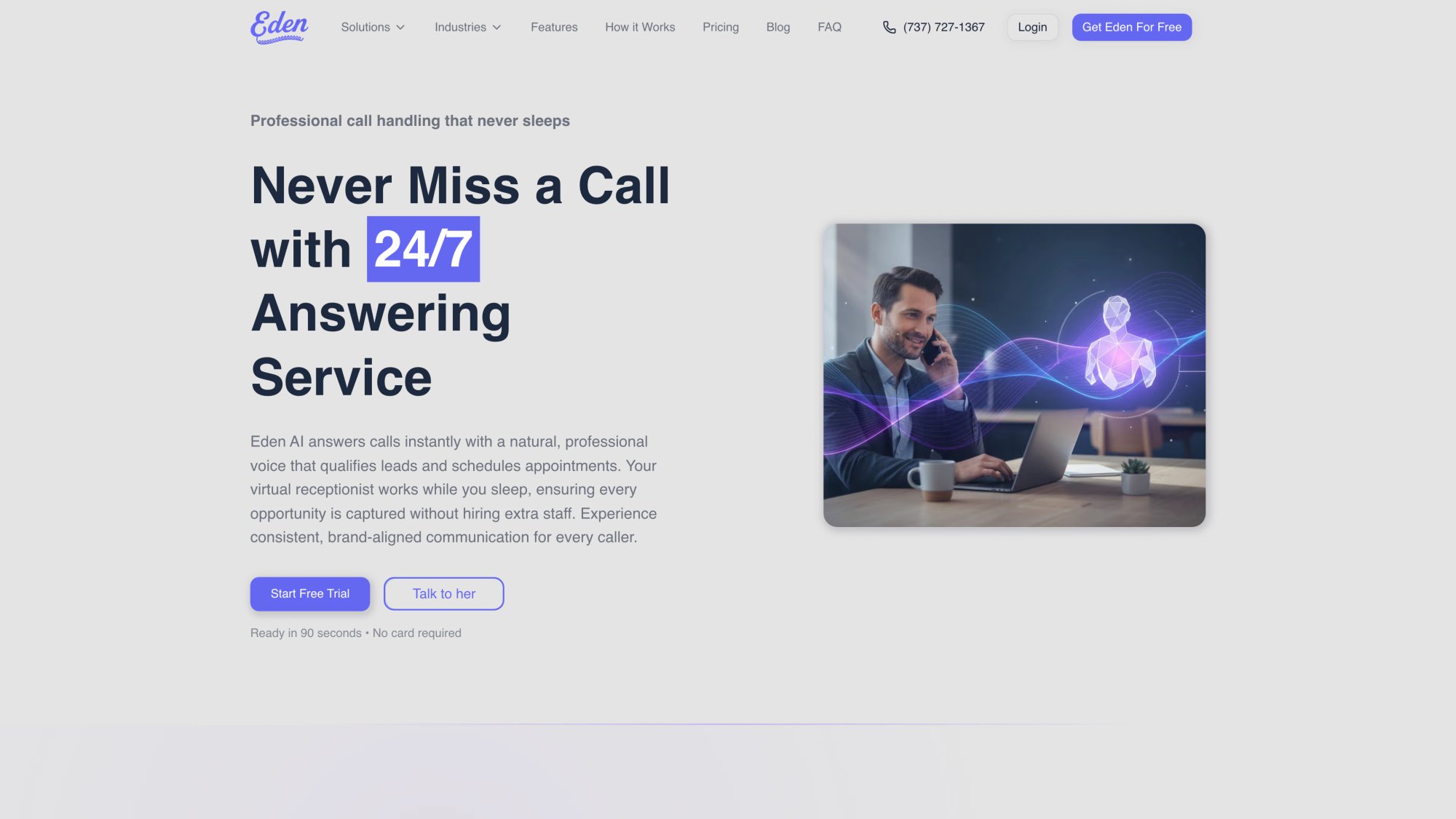 Eden answering service solution dashboard displaying core features like 24/7 coverage, appointment scheduling, and spam filtering