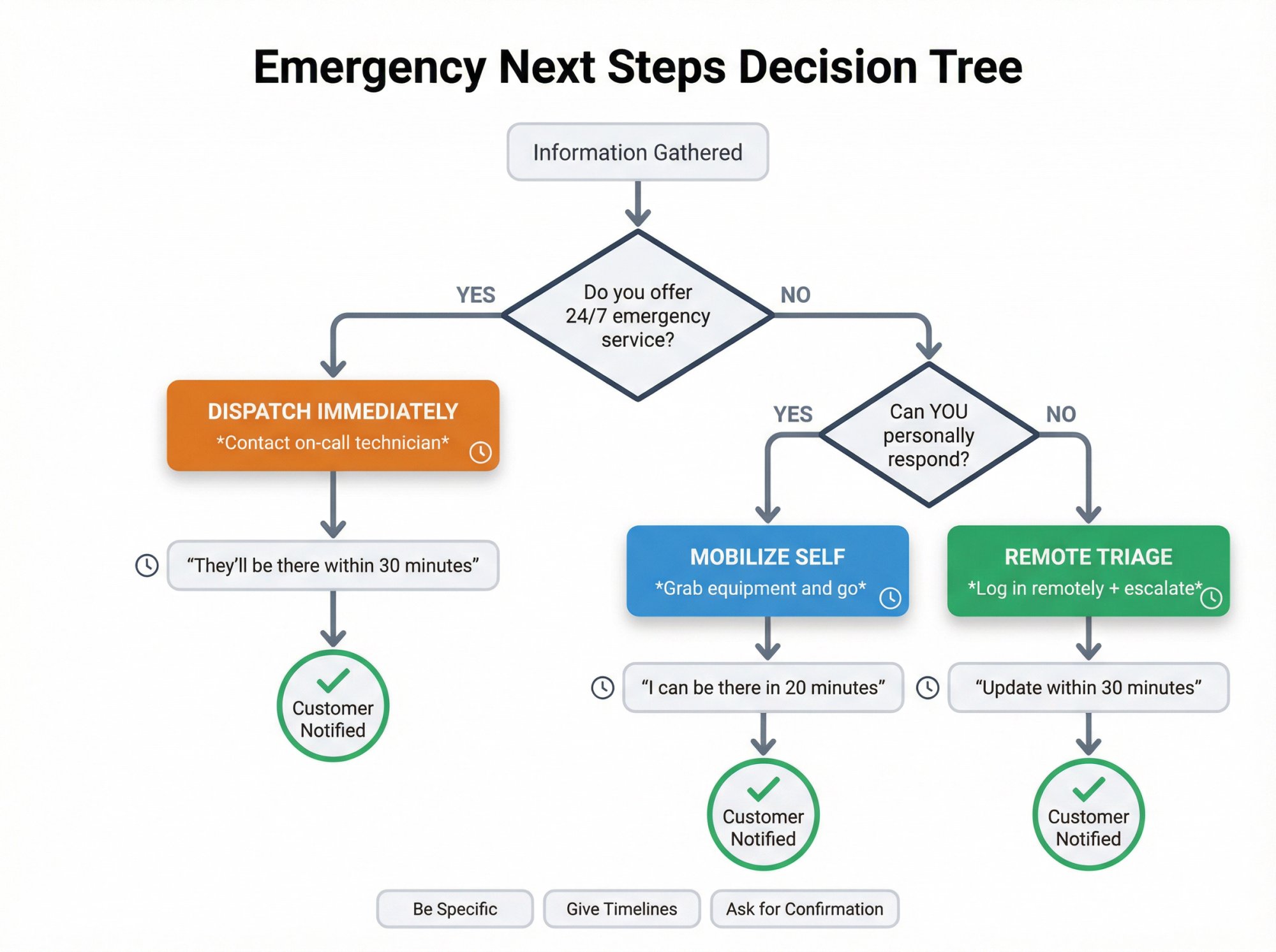 Decision flowchart showing three emergency response pathways with specific timelines and actions for each scenario